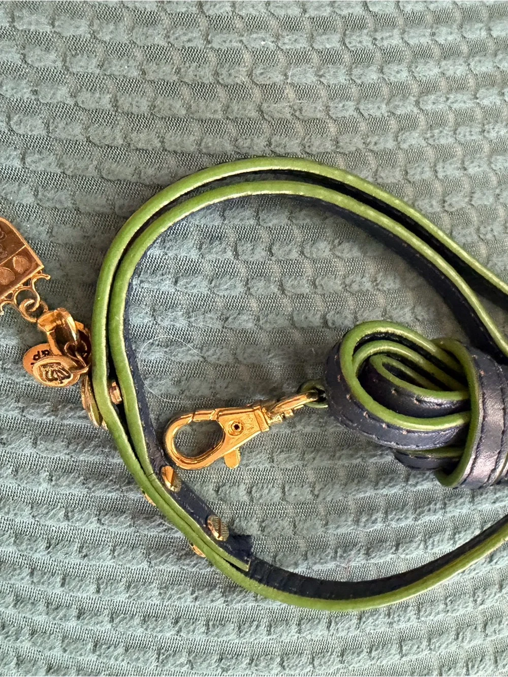 Juicy Couture Green and Black Leather Strap small dog leash with Gold Charms